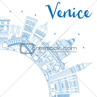 Outline Venice Skyline Silhouette with Blue Buildings.