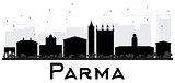 Parma City skyline black and white silhouette.