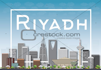 Riyadh skyline with gray buildings and blue sky. 