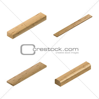 Set of wooden elements in isometric, vector illustration.