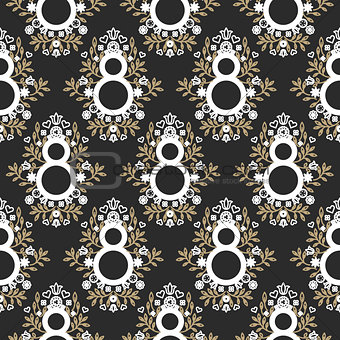 8 March floral black and gold seamless vector pattern.