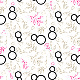 Line style black on white floral March 8 seamless pattern.