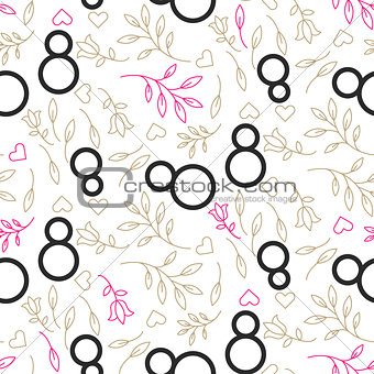 Line style black on white floral March 8 seamless pattern.