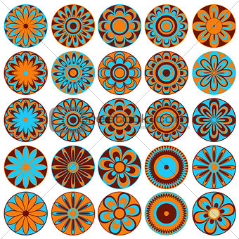 Set of stylized flowers in blue, orange and brown