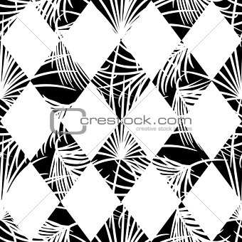 Harlequin rhombs and palm leaves seamless vector pattern.