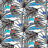 Gray palm leaves with blue strokes seamless vector pattern.
