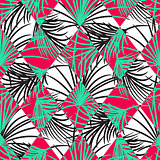 Green and red palm leaves and harlequin rhombs seamless vector pattern.