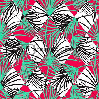 Green and red palm leaves and harlequin rhombs seamless vector pattern.
