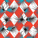 Palm leaves and harlequin rhombs seamless vector pattern.