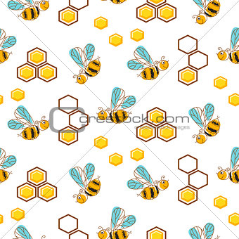 Cute bees and honey comb cells seamless pattern.