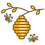 Cute vespiary with bees line isolated icon.