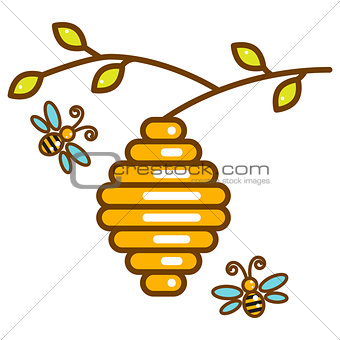 Cute vespiary with bees line isolated icon.