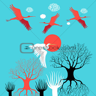 Vector illustration with herons and ibises