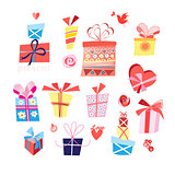 Vector set of bright gifts in boxes