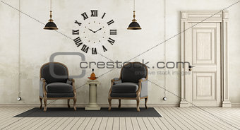 Retro living room with two black armchair,