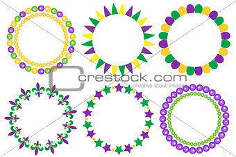 Mardi Gras frame set. Cute round border with space for text. Isolated on white background. Vector illustration.