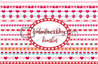 Valentines Day borders set. Cute heart, flowers ornament. Isolated on white background. Vector illustration.
