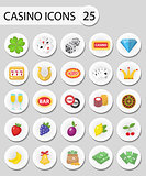 Casino icons stickers, flat style. Gambling set isolated on a white background. Poker, card games, one-armed bandit, roulette collection. Vector illustration.