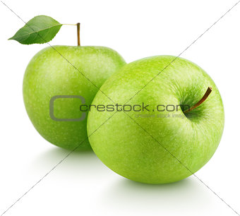 ripe green apple fruits with leaf isolated on white