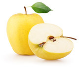 Yellow apple with half and leaf