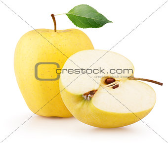 Yellow apple with half and leaf