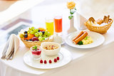 delicious breakfast for two at the luxury hotel.