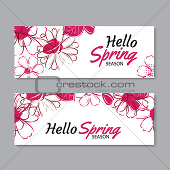 Hello spring season banner template background with colorful flo