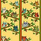 Owl tree branch vertical vector seamless pattern