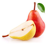 Red pear fruit with leaf and half of yellow pear