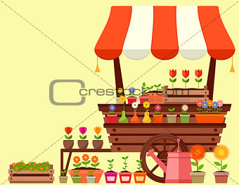 flower stand with spring garden flowers