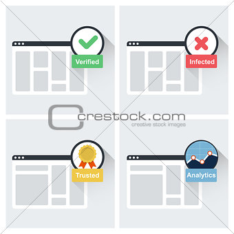 Website trust symbols - trusted, verified, infected and analytic