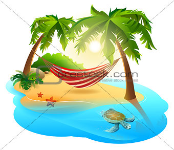 Tropical island and hammock among palm trees