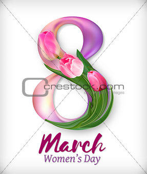 Women's day design with pink tulips, march 8, vector illustration graphic. Greeting card template.