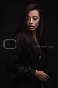 portrait young elegant woman in black jacket