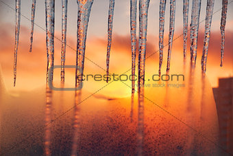 Icicles on the background of the blazing gold sunset.