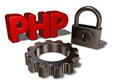 php tag, padlock and cogwheel - 3d illustration