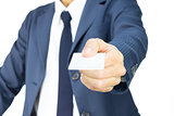 Businessman Hold Business Card or White Card in Straight View Is