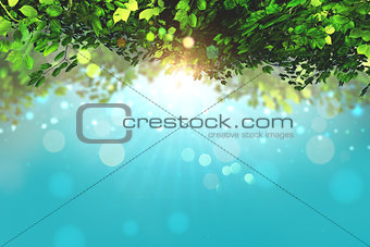 3D leaves on a blue sky background with bokeh lights