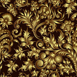 Vector gold pattern on black background with hand drawing fantastic flowers and leaves
