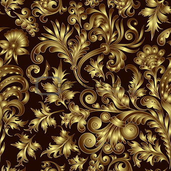 Vector gold pattern on black background with hand drawing fantastic flowers and leaves