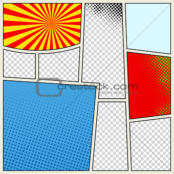 Comics book background in different colors. Blank template background. Pop-art style