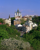 Andriyivskyy Descent with the Saint Andrew's Church at springtim