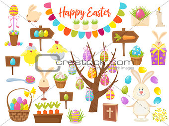 Big Collection of Happy Easter Objects. Flat Design Vector Illustration. Set of Spring Religious Christian Colorful Items.