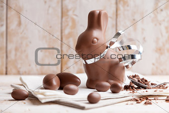Delicious chocolate Easter bunny and eggs  
