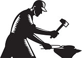 Blacksmith Worker Forging Iron Black and White Woodcut