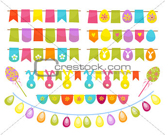 Easter party decoration vector elements. Eggs garland ,tags,and egg tree isolated on white background.