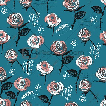 Seamless pattern with ink hand drawn vintage styled roses