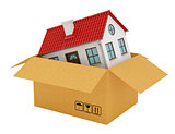 House with red roof in open cardboard box