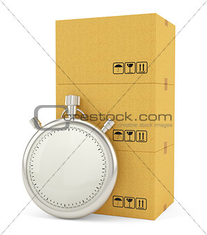 Cardboard Boxes with Stopwatch, isolated on white