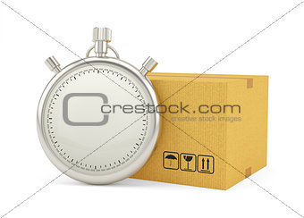 Stopwatch with Cardboard Box on White Background